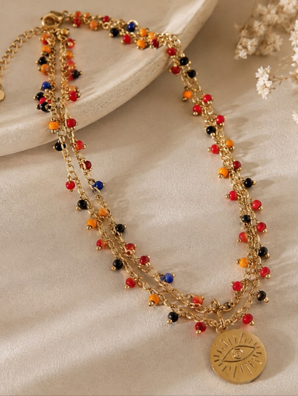 Boho Gold-Tone Evil Eye Beaded Necklace